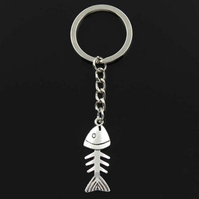 Fashion 30mm Key Ring Metal Key Chain Keychain Jewelry Antique   Plated Fish Bone 35x13mm Pendant