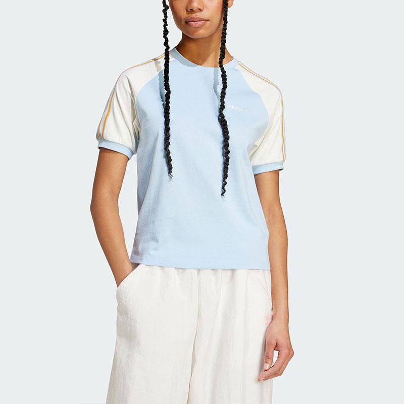 Adidas Originals 80s Spliced Side Stripe Sports Short Sleeve Women Tops Pink Blue JD5761