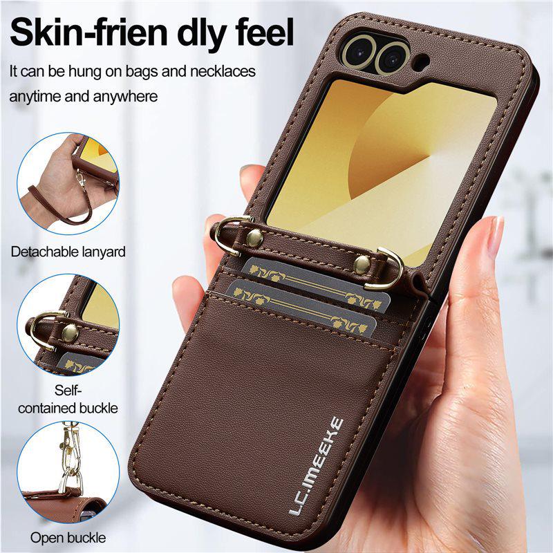 Compatible with Samsung Z Flip7/6 Leather Crossbody Strap Case, Z Flip5 Card Slot 3-Fold Cover.