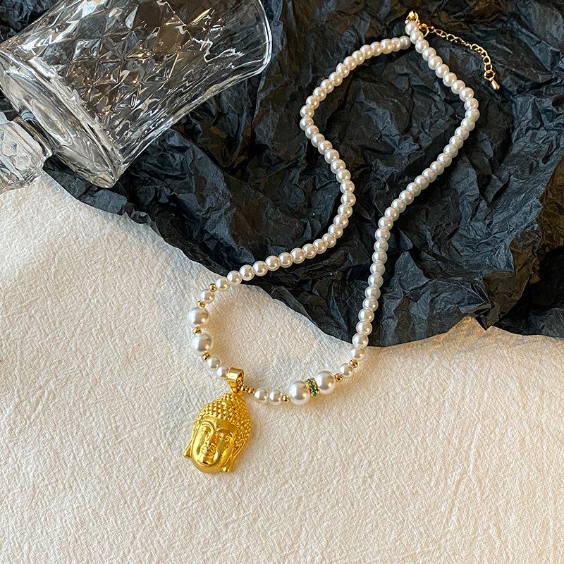 Gold Shop Style Sand Gold Buddha Pendant Necklace - Versatile, Modern Sweater Chain, Fashionable Design Accessory