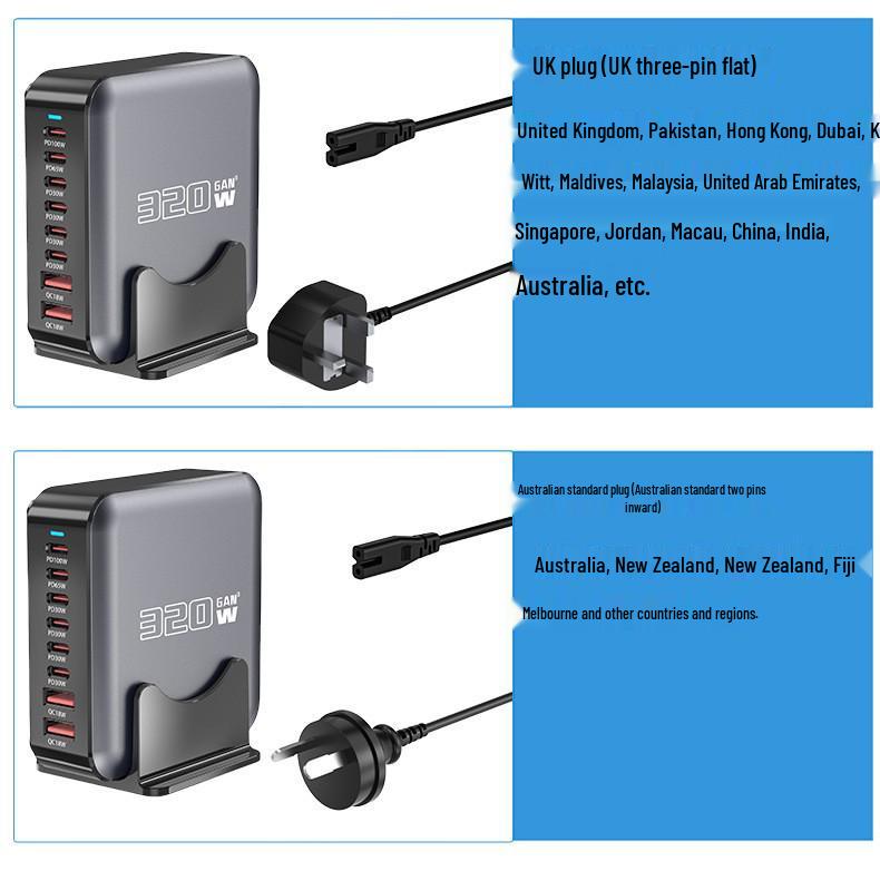 320W GaN Multi-Port Fast Charger for Apple & Huawei - Supports 5V, 9V, 12V, 15V, 20V