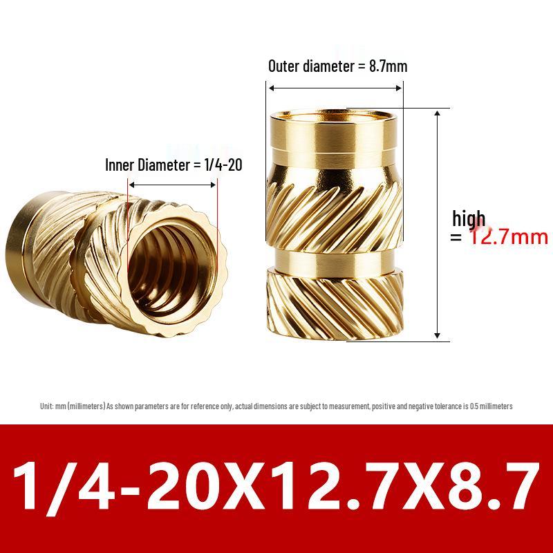 Tu Ba Copper Nut: Hot Melt, Double Diagonal, Knurled, Through-Hole Embedded Insert M1-M8.
