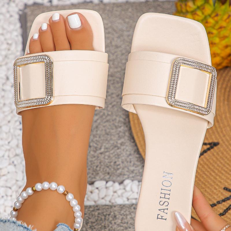 Women Slippers Luxury Designer Sandals Summer Square Root Flat Shoes One-word Buckle Slippers Lightweight Slides Women