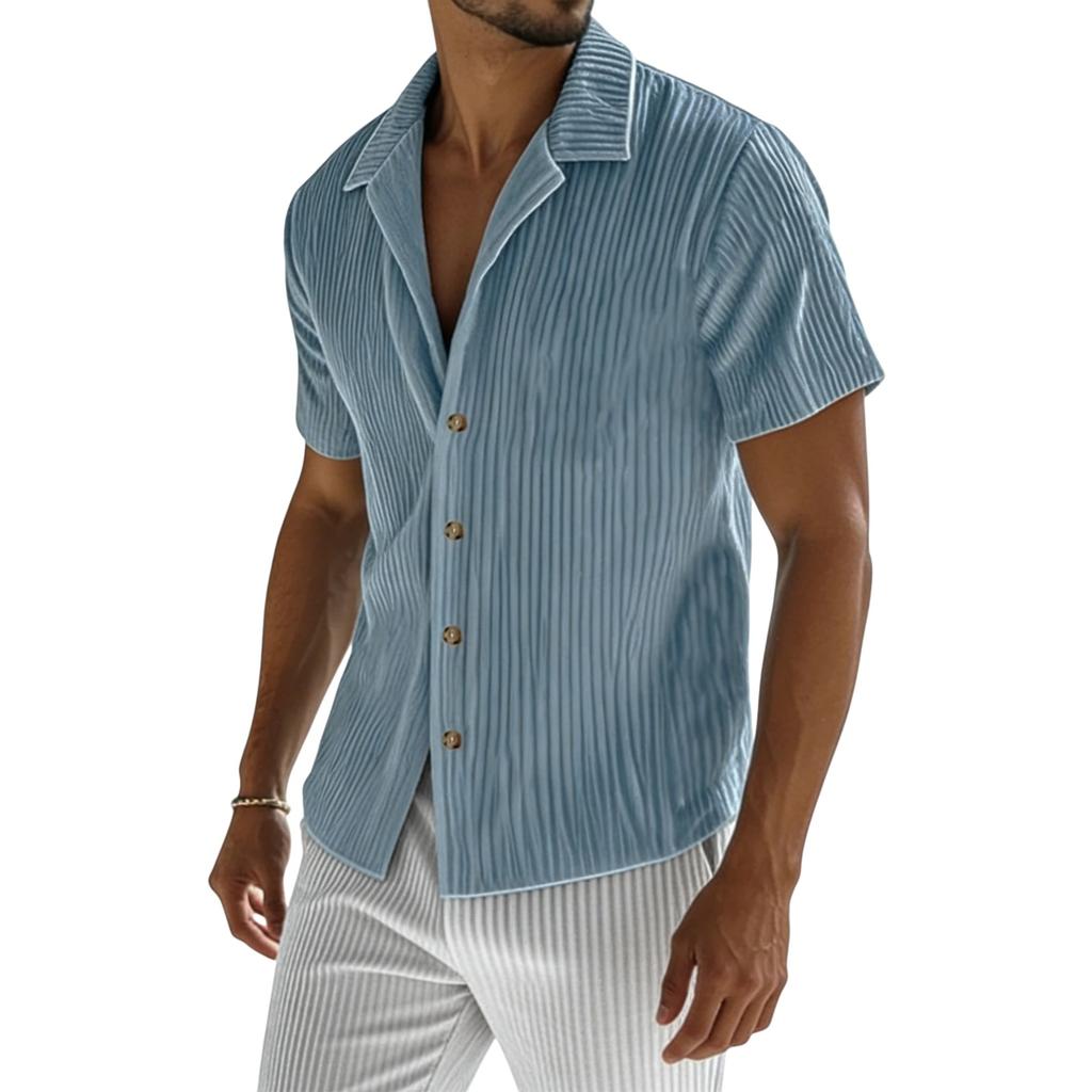 Men's Ribbed Striped Short,Sleeve Collared Shirt