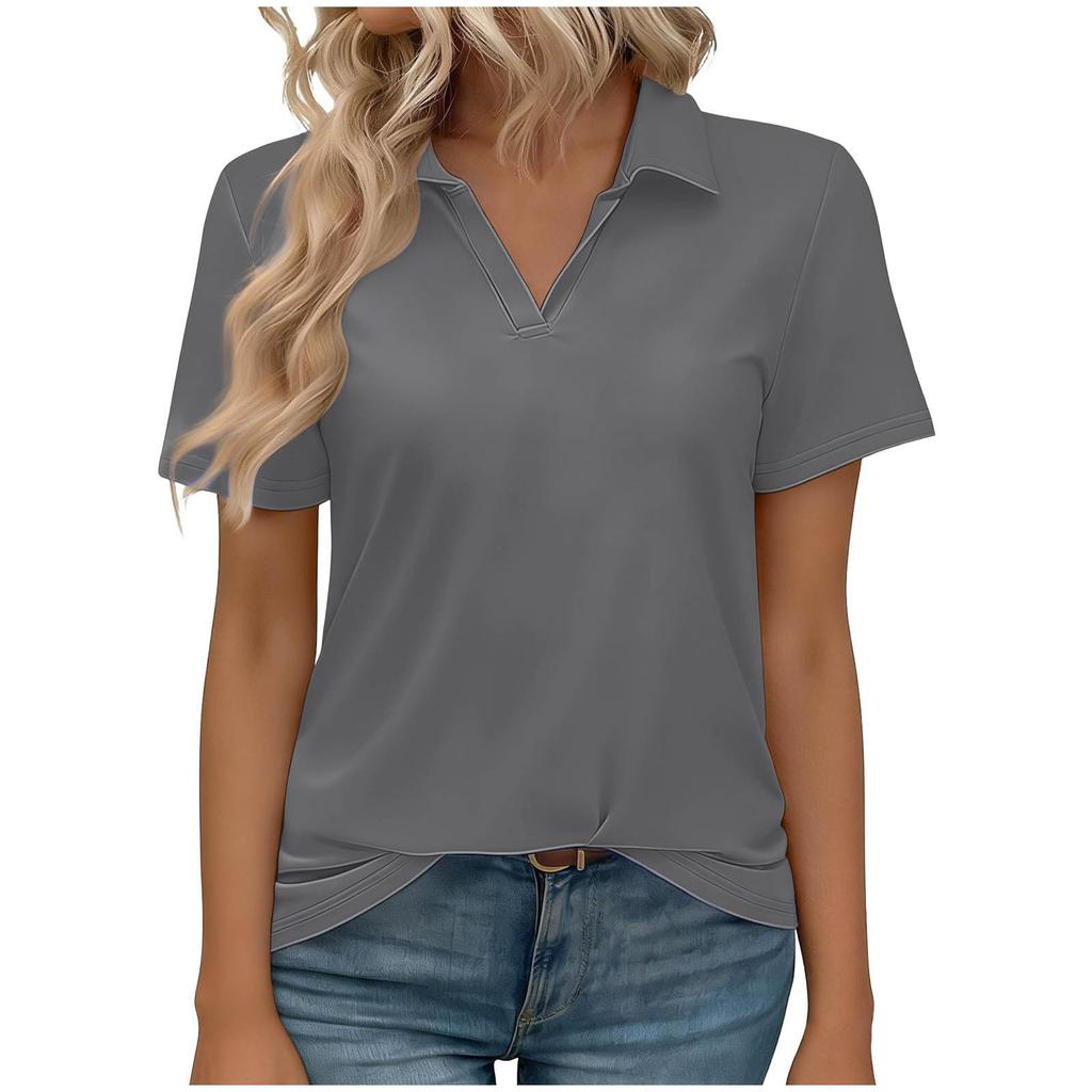 Women’s Short Sleeve Polo Collar V Neck Casual Loose Fit Basic T Shirt Soft Lightweight Top for Daily Wear Work School