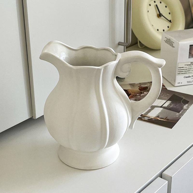 Stylish Nordic Minimalists Jugs Vases With Handle White Ceramic Flower Arrangement Pitcher Vases For Wedding Centerpieces