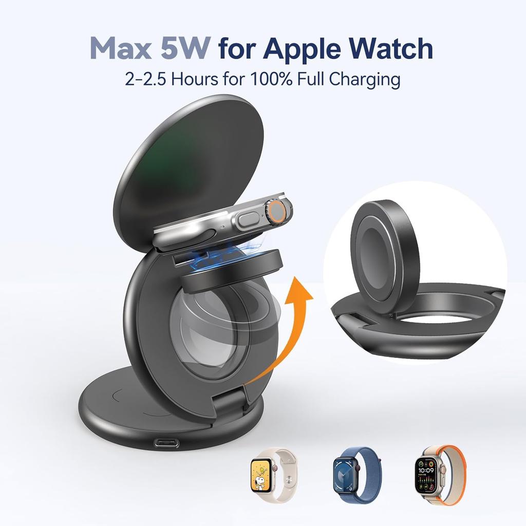 X63 3 in 1 Charging Station for Apple, Aluminum Alloy Foldable Magnetic Wireless Charger, Travel Charger for iPhone 16/15/14/13/12 Series, Apple