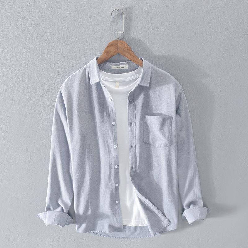 Camicia Casual da Uomo in Misto Lino a Manica Lunga con Colletto Button-Down e Tasca