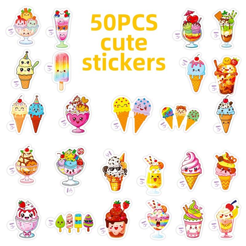50PCS Cartoon Ice Cream PVC Sticker Aesthetic Colored DIY Sticky Decoration Scrapbooking Hand Accounting Supplies for Kids