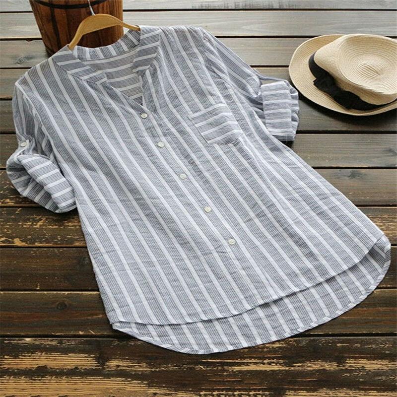 Elegant Women Retro V Neck Long Sleeve Casual Loose Baggy Tunic Tops Blouse Plus Size