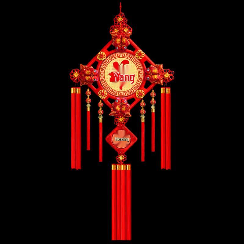 Large Peach Wood Chinese Knot Wall Hanging with Hundred Blessings