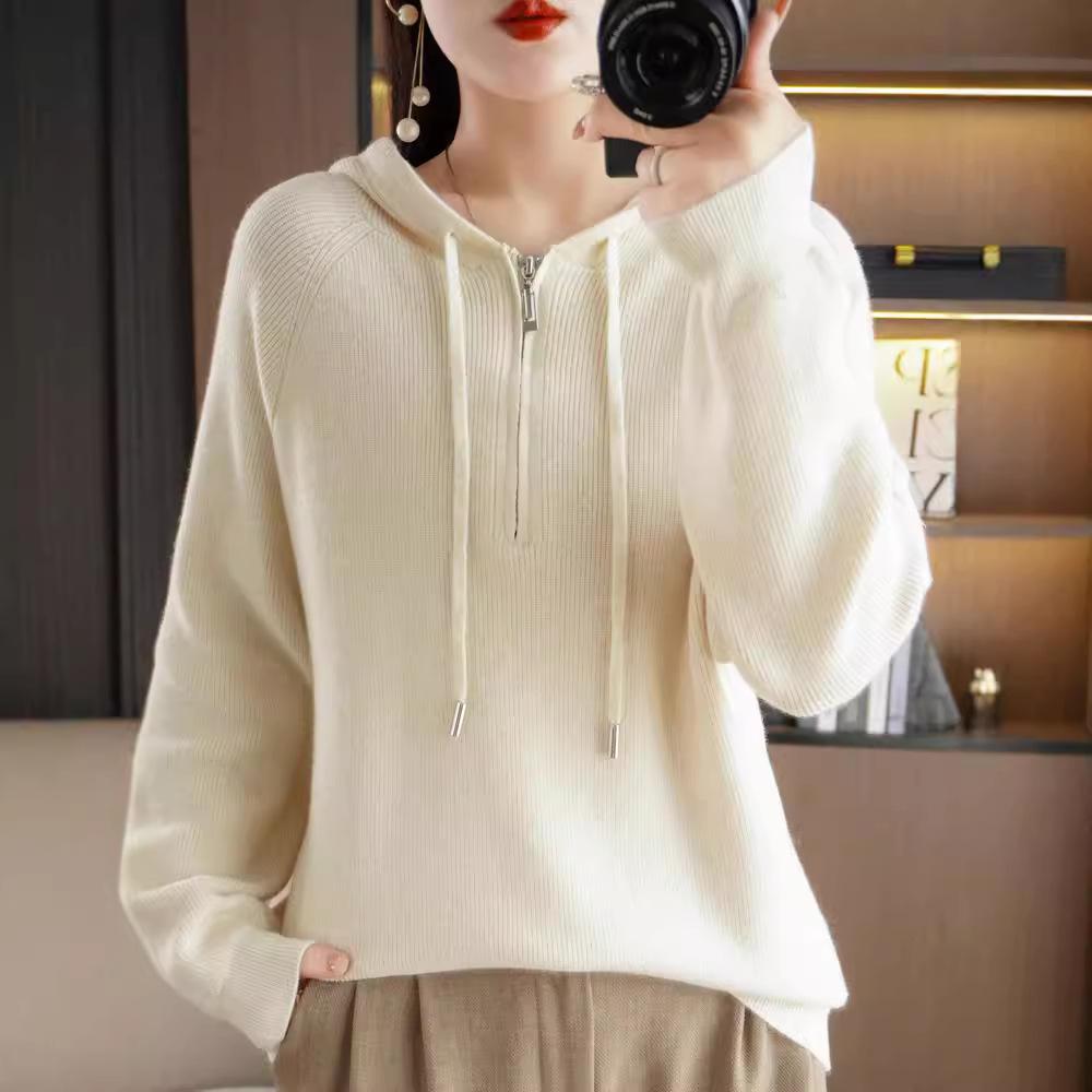 Hooded Solid Color Semi-new Drawstring Sweater Zipper Casual Loose Women's Pullover Andy Velvet Long-sleeved Bottoming Top