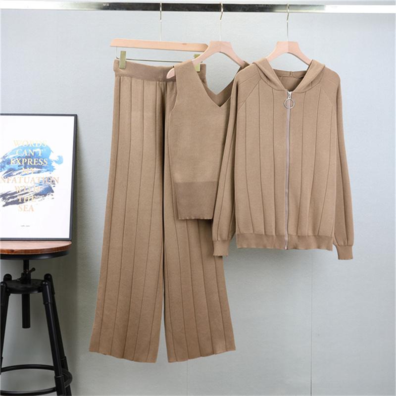 

Осенне-зимний вязаный комплект Женский повседневный модный кардиган на молнии Майка Брюки с широкими штанинами Набор из 3 предметов One Size хаки