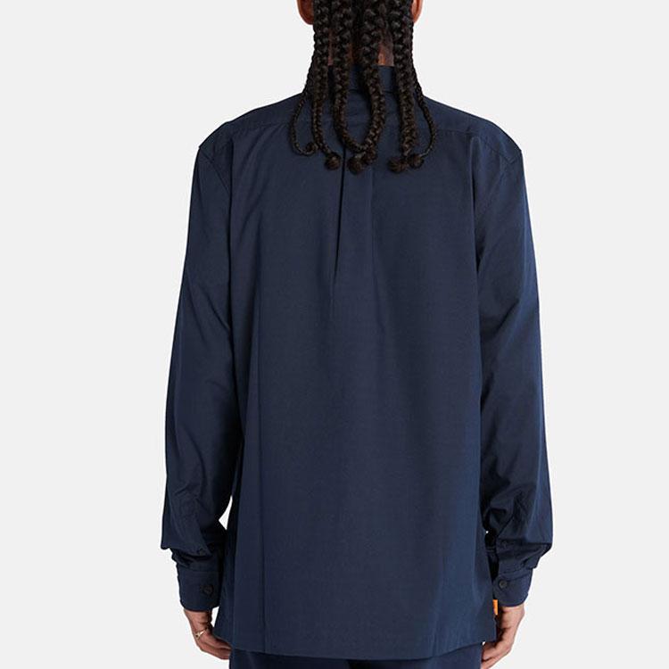 Timberland Solid Color Polo Collar Single-Breasted Long Sleeve Shirt Men Shirts Blue A6RC9-433