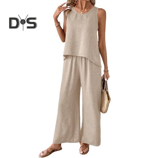 Zweiteiliges Lounge-Set für Damen, ärmellos, mit hohlem Rücken, Oberteil und weitem Bein, Hosen-Set, lässige Urlaubs- und Reise-Outfits