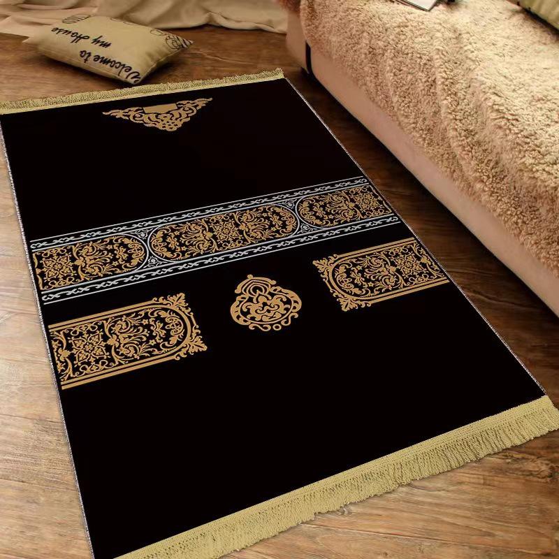Ethnic Style Flannel Floor Mat with Middle Eastern Gold Diamond Velvet Print