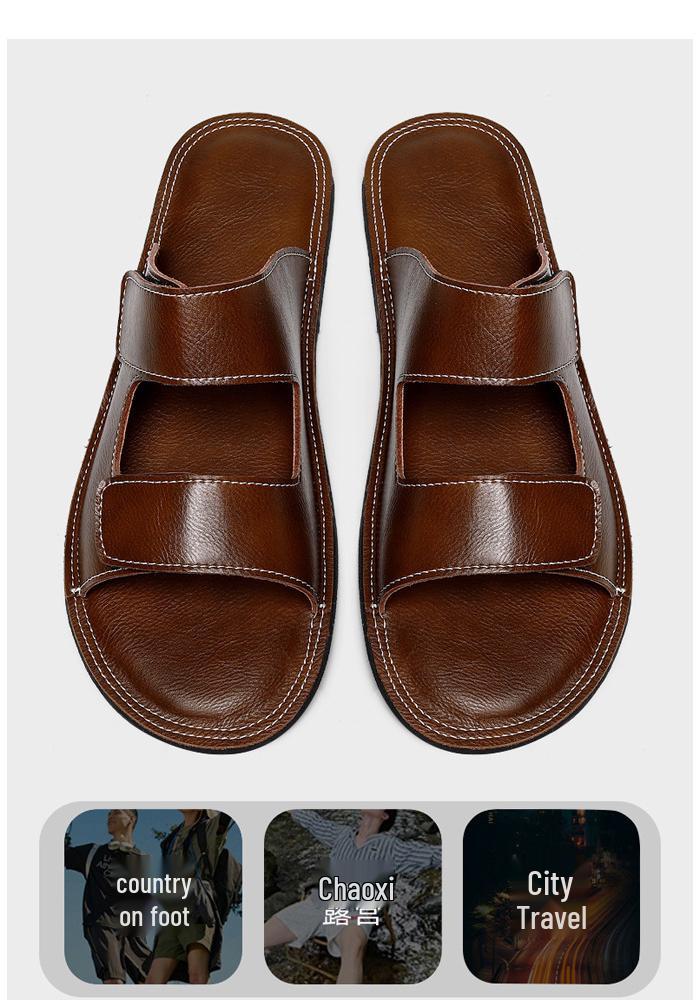Men's Large Size High-End Leather Beach Sandals - Soft Sole Single Strap Summer Slippers (Sizes 46-47)