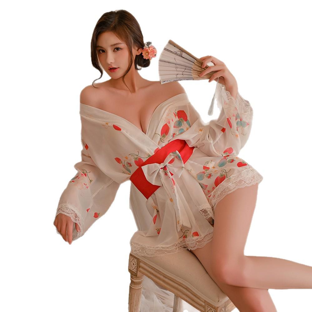 Women's Summer Sakura Kimono: Ice Silk V-neck Onsen Bathrobe & Sexy Print Nightgown