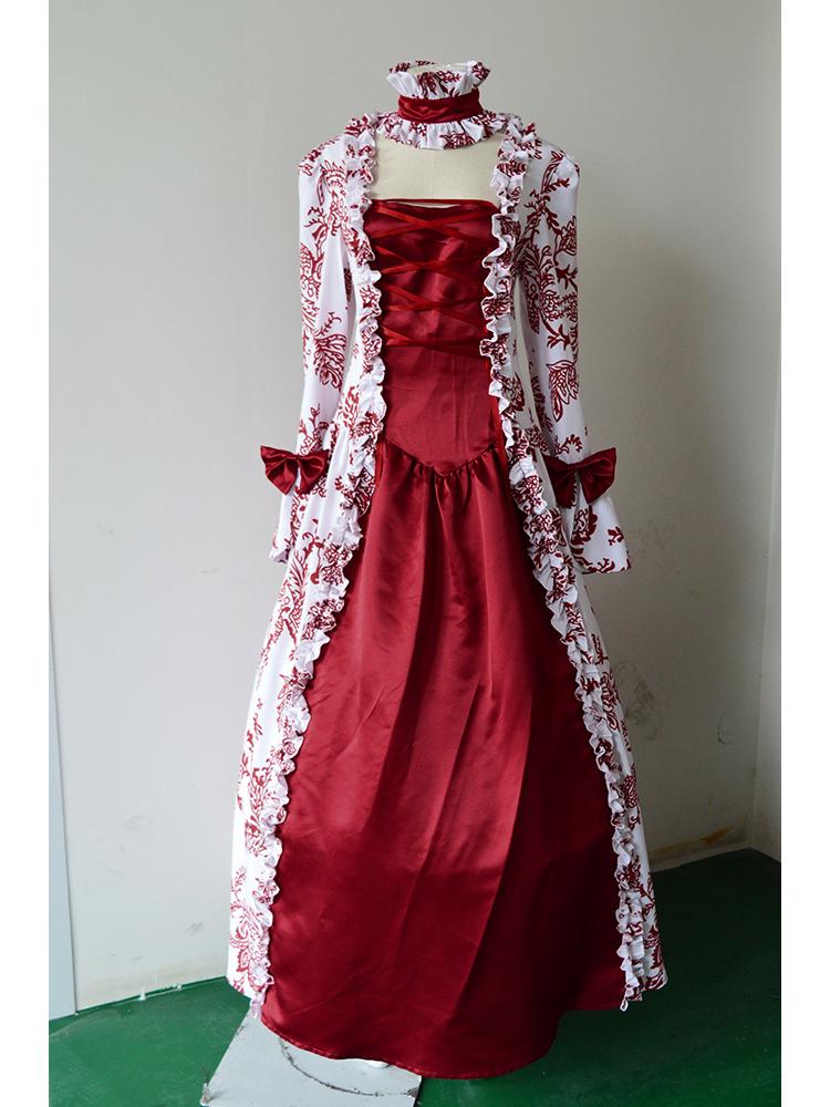 Europäisches und amerikanisches langärmeliges bedrucktes Hof-Abendkleid mit Trompetenärmeln