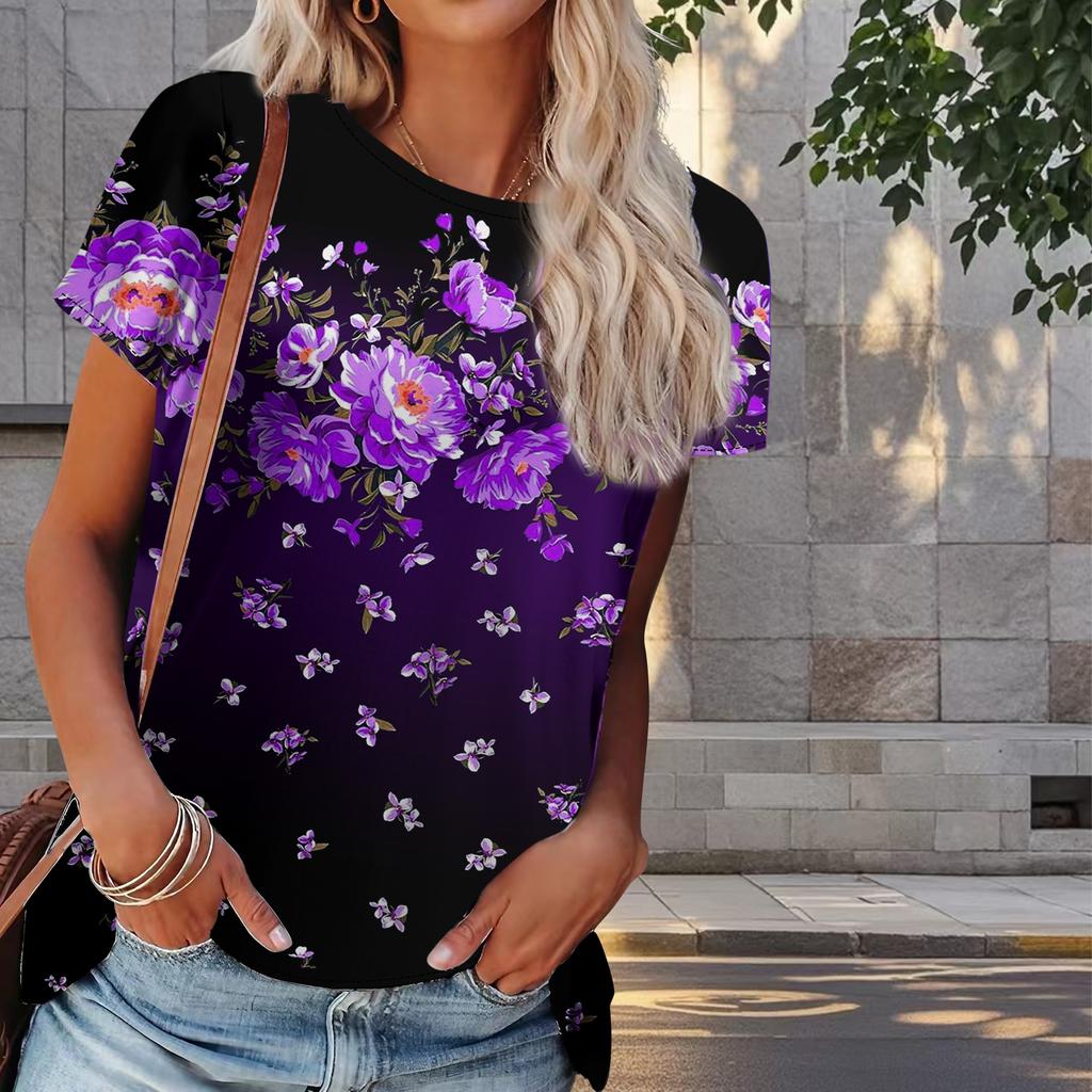 Damen Sommer T-Shirt Blumendruck Retro Mode Kurzarm T-Shirts Casual Printed Tops