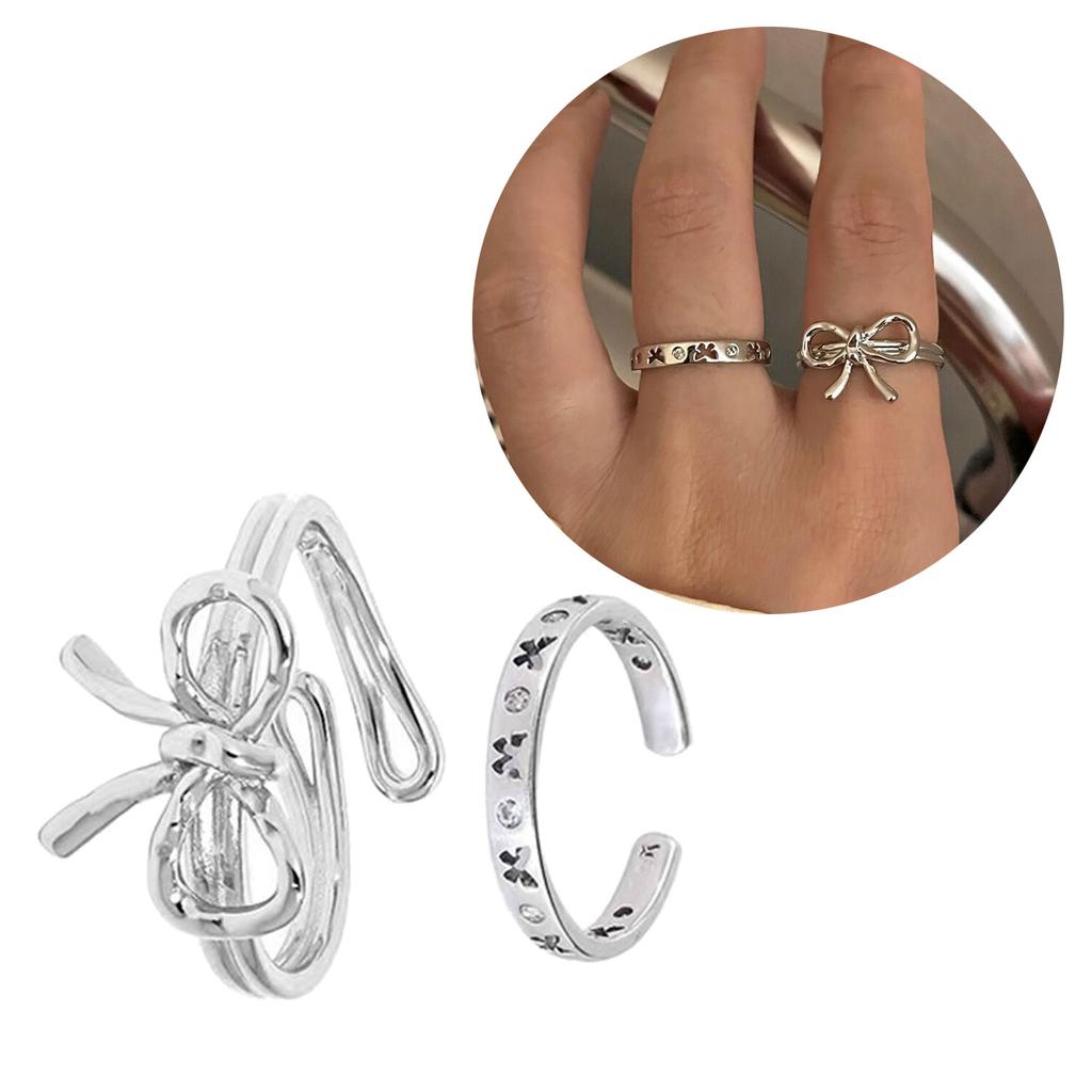 2Pcs Adjustable Open Bowknot Rings Adjustable Stackable Thumb Open Rings Set Women Birthday Gift for Mom Wife Girls