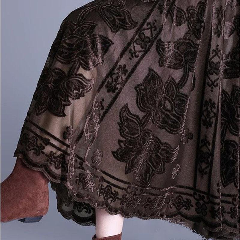 Women's Mesh Flocked Skirt Wide Flare High-Waisted Elastic Waist Gold Velvet Skirt A-line Pleated Skirt