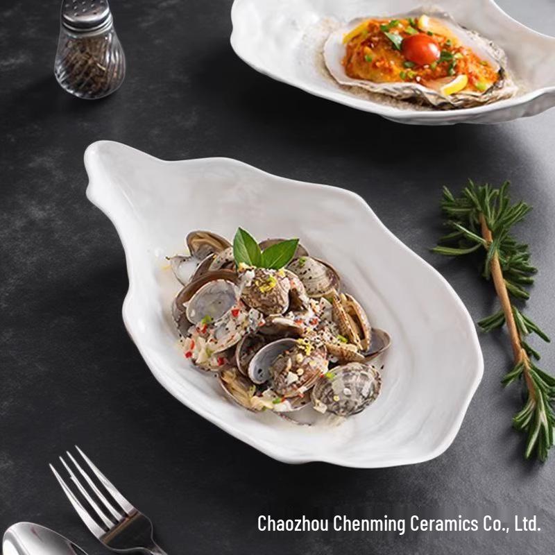 Stylish Thickened Ceramic Oyster Plate - Underglaze Color, High-Temp Resistant Tableware for Restaurants and Hotels