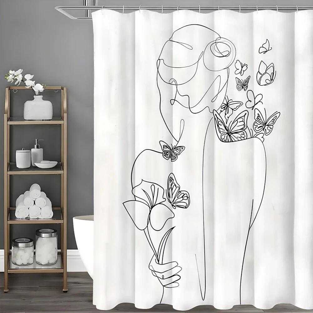 Abstract Ladies Minimalist Mid-Century Floral Butterfly Modern Art Shower Curtain, Bathroom Decorative Shower Curtain, Waterproo