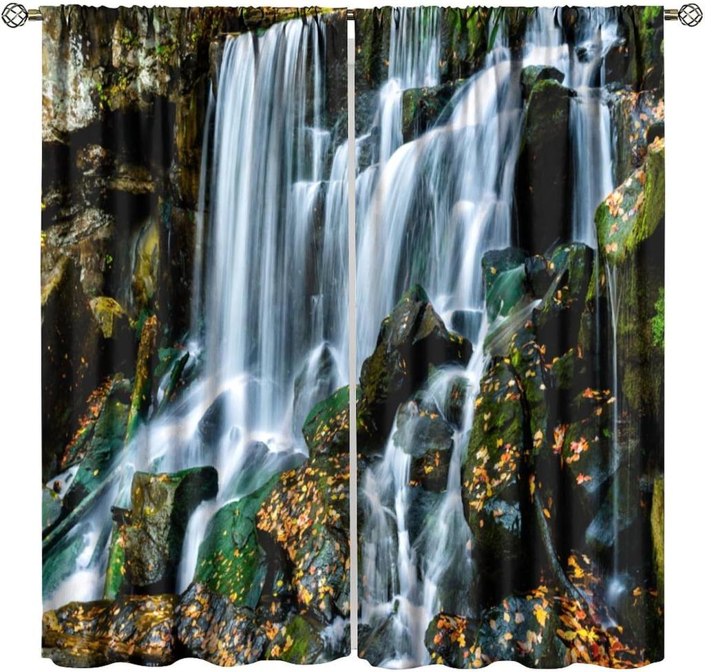 Blackout Red Forest Waterfall Windows Curtains Tree Landscape Woodland Scenic Nature Fall Scenery Art Printed Curtain Made Of Polyester Washable