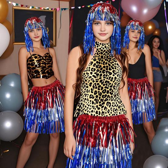 Yousheng Foil Tinsel Wigs And Fancy Dress Costume Disco Themed Fringe Outfit with Elastic Waist Metallic Cosplay Dance Supplies