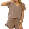 Women's Home Wear Pajamas Set Solid Color V-neck Short-sleeved Irregular Shorts Sports Leisure Home Two-piece Set