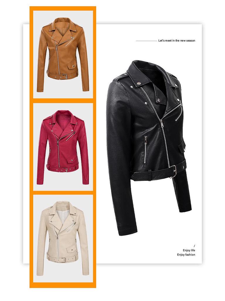 2022 Women's Short PU Leather Motorcycle Jacket - Spring/Autumn Fashion