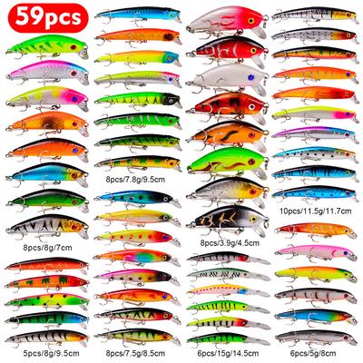59PC Fish Bait Set Mixed Mino Rock Lure Bait Set Plastic False Bait Fishing Gear