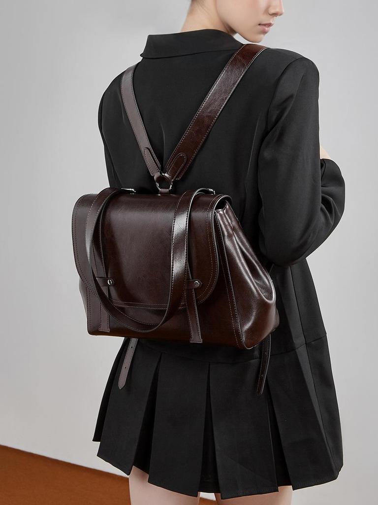 Oil-Wax Cowhide Leather Women's Backpack – Lightweight, Large Capacity for Work & Travel