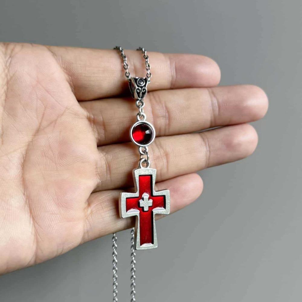 Gothic Punk Geometry Round Glass Crystal Blood-red Cross-shaped Pendant Necklace for Women Halloween Party Collar Chain Jewelry