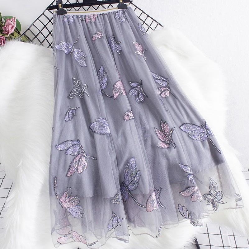 Women Spring Fall High Waist All Match Butterfly Mesh A Line Skirt