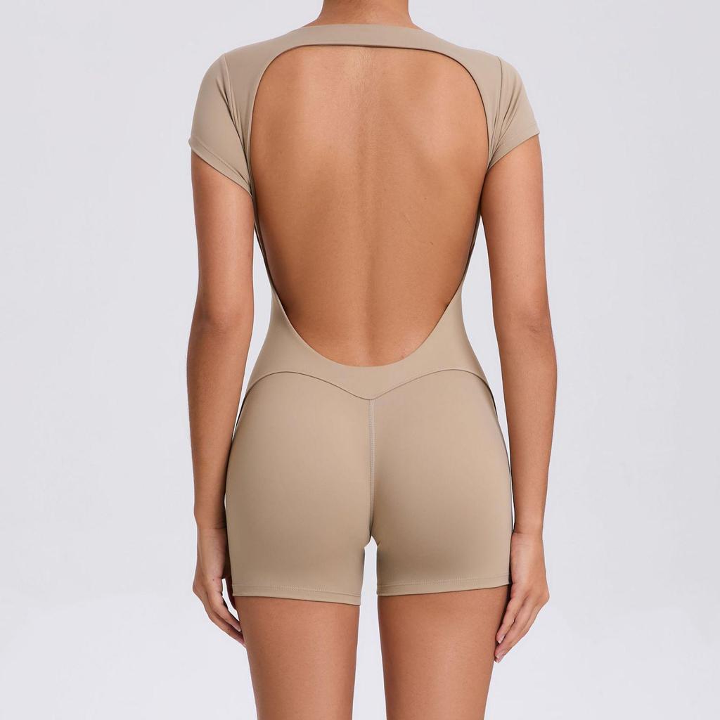 European & American Backless Peach Hip Tight Yoga One-Piece - Short Sleeve for Dance, Fitness & Sports