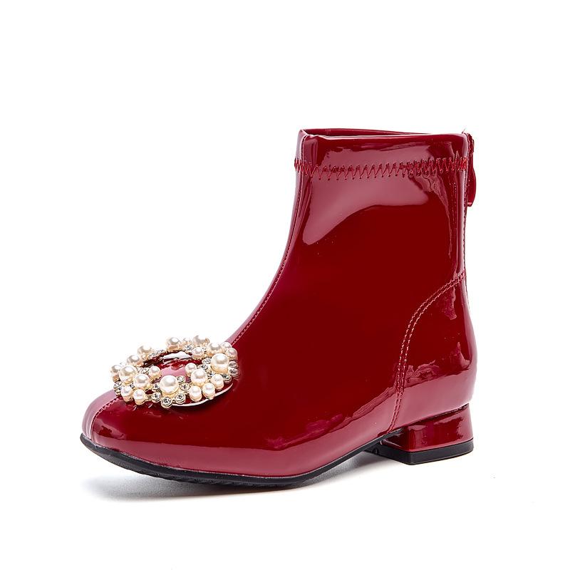 Girls Martin boots 2025 new autumn and winter red leather boots velvet baby boots little girl princess children's short boots