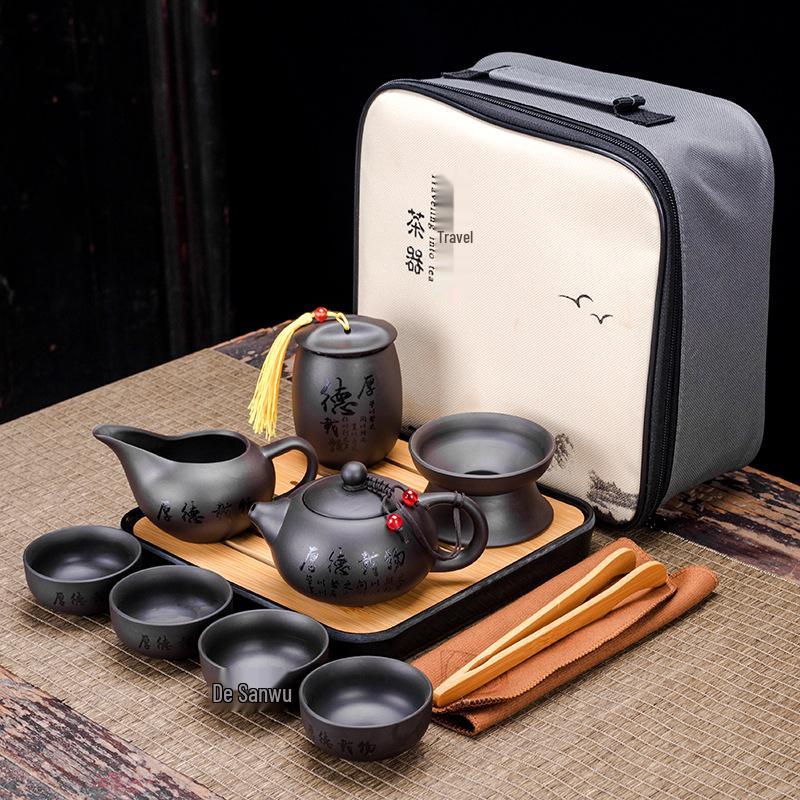 Portable Purple Clay Xishi Teapot Set with Leather Bag and Tea Tray for Home, Travel, or Business