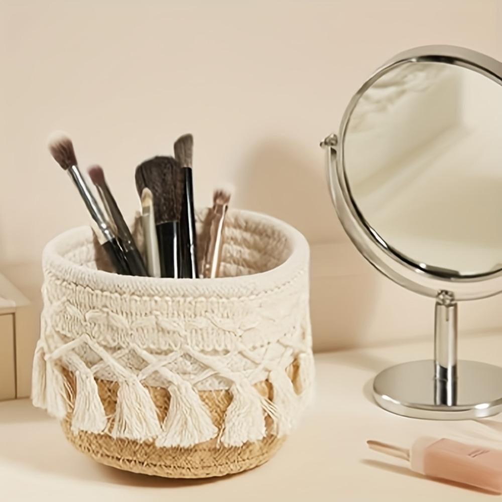 1pc Round Woven Cosmetic Storage Basket,Makeup Brush Holder, Cute Vanity Organizer Box for Home Decor,Ideal for Storing Pencils
