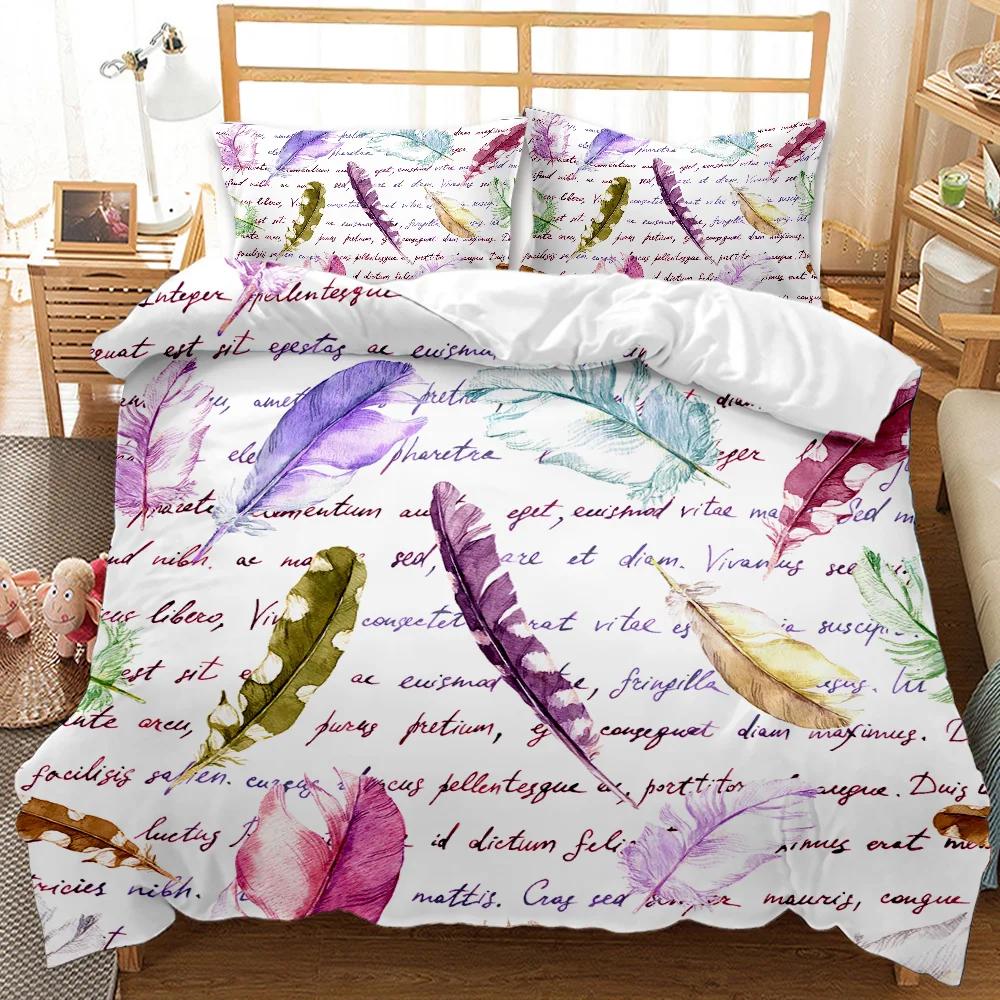 Feather Duvet Cover Set Green Dreamy Watercolor Elements Plumage Romantic Design Double Queen King Size Polyester Qulit Cover