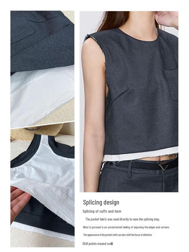 Stylish Raw Edge Patch Pocket Sleeveless Two-Piece Vest