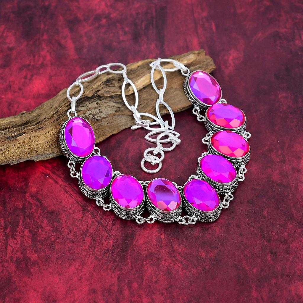 Faceted Pink Topaz Necklace Jewelry, 925 Sterling Silver Gemstone Bracelet, Handmade Adjustable Chain Unique Necklace & Bracelet Jewelry Set