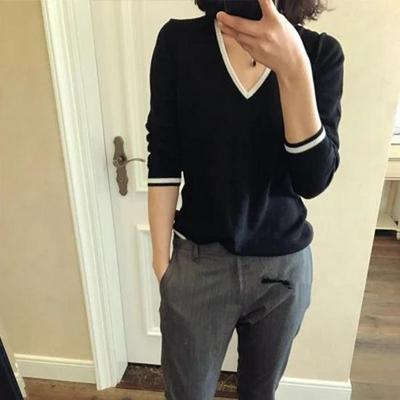 V-Neck Loose Knit Wool Sweater: Simple Long Sleeve Pullover for Spring & Autumn