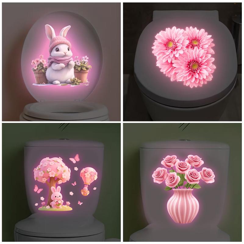 Glow-In-The-Dark Flower Rabbit Toilet Lid Decal Self-Adhesive Removable Toilet Sticker Wall Sticker Home Bathroom Decor