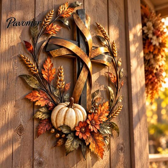 Floral Pumpkin Cross Sign Autumn Harvest Metal Wall Decor, Rustic with Golden Wheat Farmhouse Thanksgiving Door & Fall Leaves, Plaque for Porch Garden