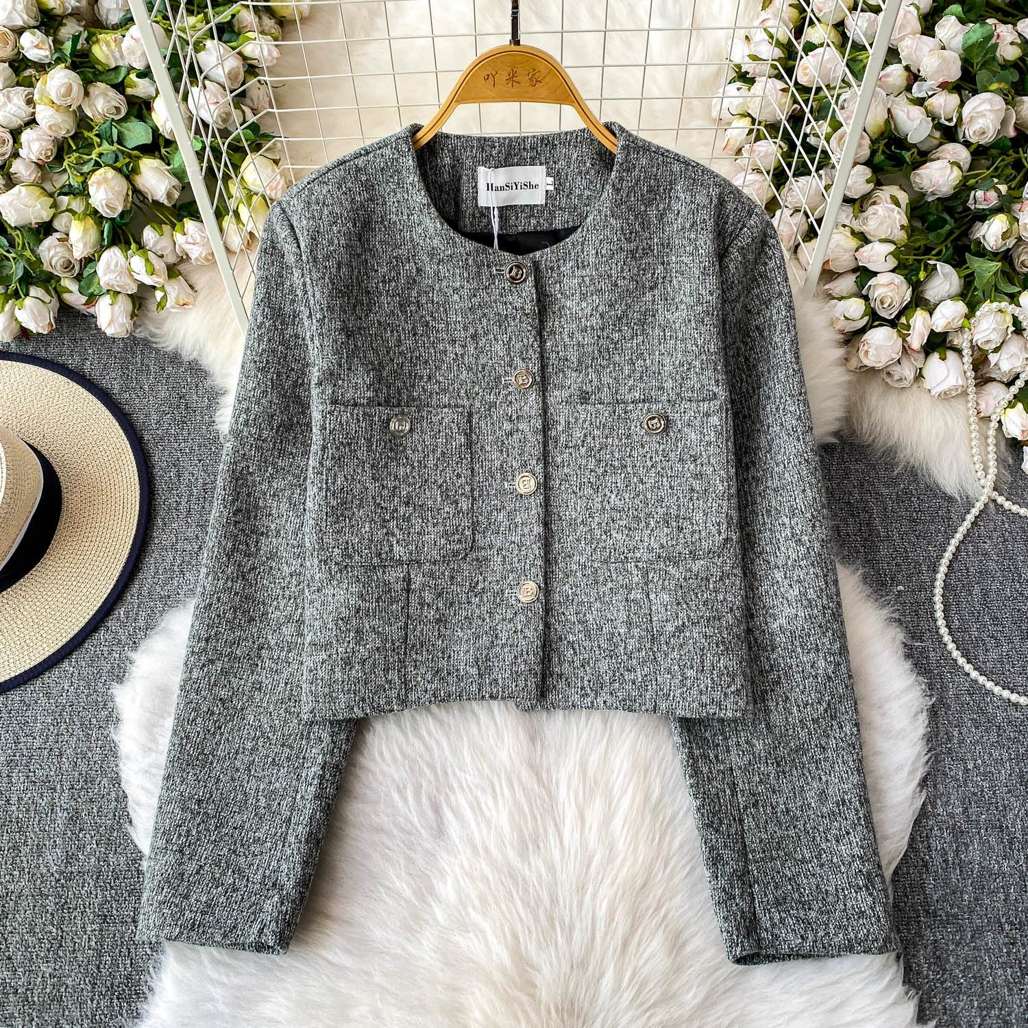 

Осень Зима Женский Элегантный Твидовый Укороченный Жакет-Пальто на Одной Пуговице с Карманом L серый