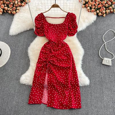 Seaside Holiday Backless Super Sexy Square Collar Slim-fitting Sleeved Mid-length Split Dot Dress