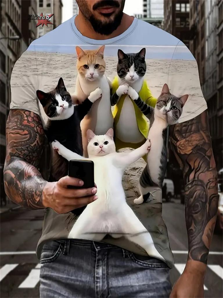Men's 3D Samurai Cat Graphic Animal Printed T-Shirt Summer Fashion Casual Outdoor Round Neck Short Sleeved T-Shirts for Men