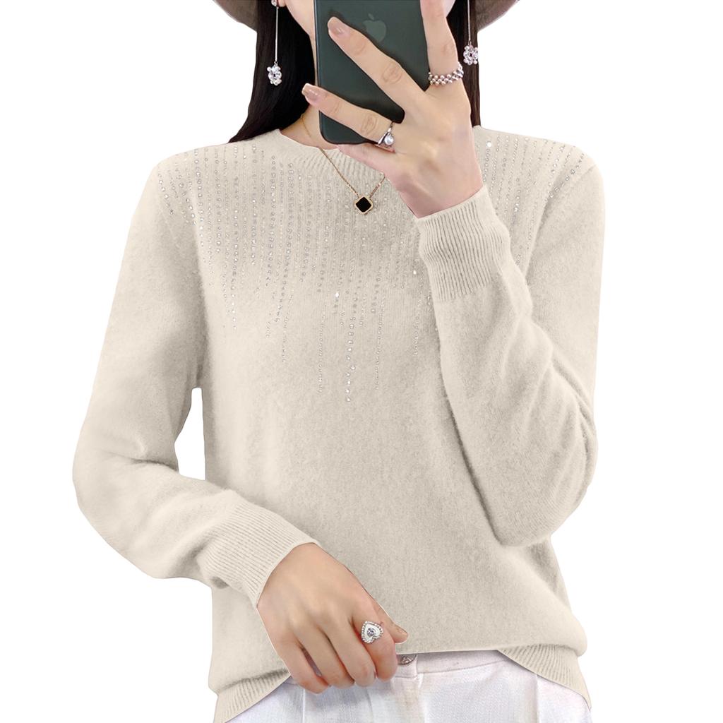 Women's Knitted Color Long Sleeved Round Neck Pullover, Base Shirt, Top